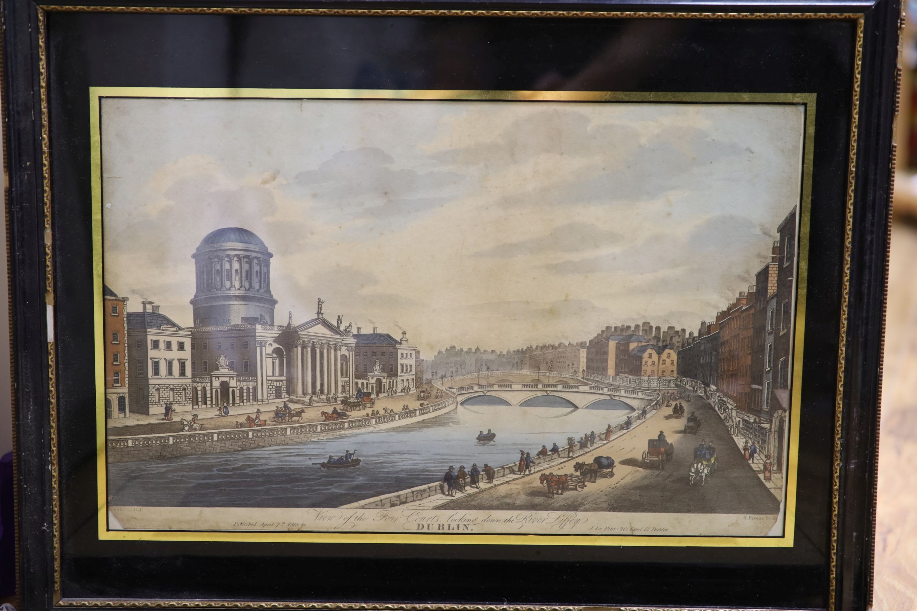 Henry Brocas Jnr. (1798-1853) after Samuel Brocas, set of eight coloured engravings, Topographical views of Dublin, 26 x 39cm, eglomise framed